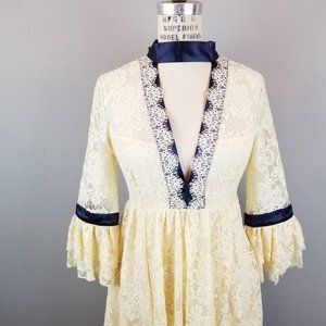 Romantic Buttercream Light Yellow Lace & Navy Blue Satin Trim Free People XSmall
